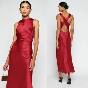 NWT Reformation Casette Maxi Silk Dress Sz 10 Sangre Cowl Neck Open Back Cut-out